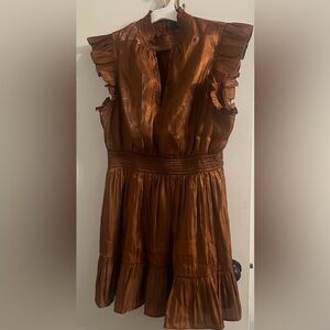 Lulu's Sheen You Across the Room Rust Brown Ruffled Smocked Mini Dress